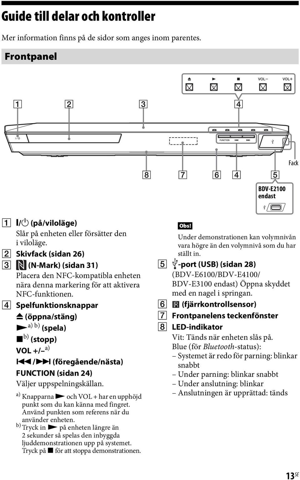 D Spelfunktionsknappar Z (öppna/stäng) N a) b) (spela) x b) (stopp) VOL +/ a)./> (föregående/nästa) FUNCTION (sidan 24) Väljer uppspelningskällan.