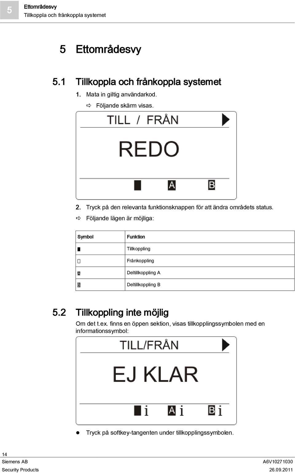 Följande lägen är möjliga: Symbol Funktion Tillkoppling Frånkoppling Deltillkoppling A Deltillkoppling B 5.