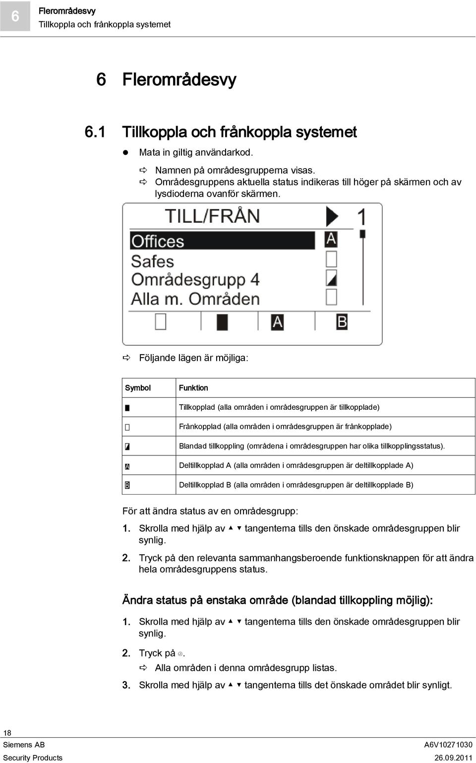 Följande lägen är möjliga: Symbol Funktion Tillkopplad (alla områden i områdesgruppen är tillkopplade) Frånkopplad (alla områden i områdesgruppen är frånkopplade) Blandad tillkoppling (områdena i