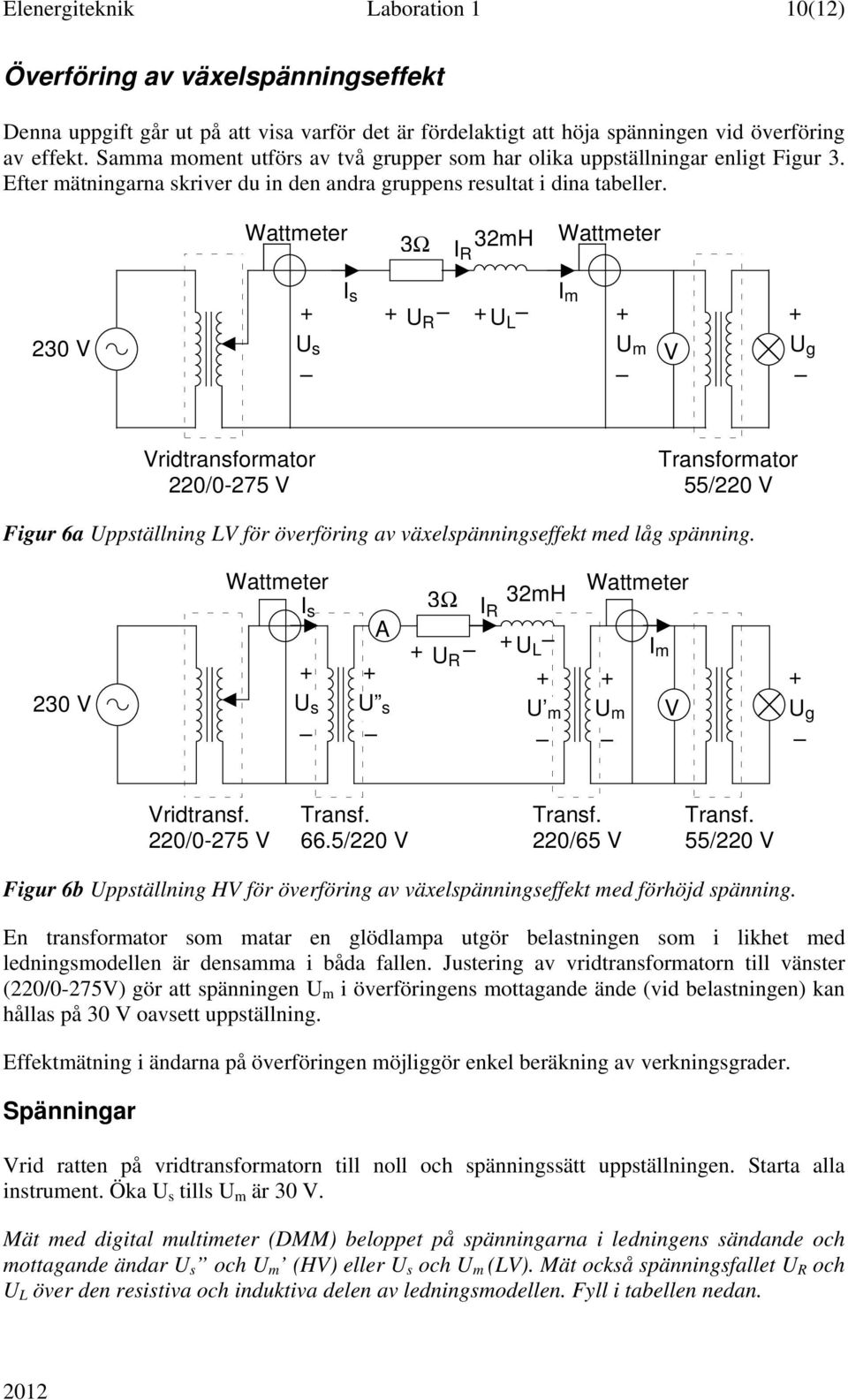 Wattmeter 3Ω 32mH Wattmeter I R 230 V I s + + U R + U L + + U s U m V U g I m Vridtransformator 220/0-275 V Transformator 55/220 V Figur 6a Uppställning LV för överföring av växelspänningseffekt med