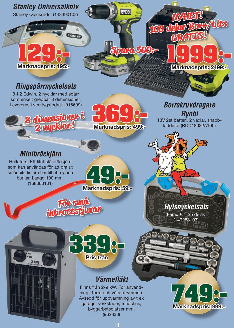 (916699) 8 dimensioner i 2 nycklar! 49:- Marknadspris: 59:- Borrskruvdragare Ryobi 18V 2st batteri, 2 växlar, snabbladdare. (RCD18022A100) Minibräckjärn Hultafors.