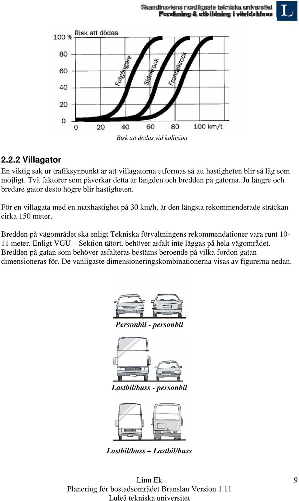 För en villagata med en maxhastighet på 30 km/h, är den längsta rekommenderade sträckan cirka 150 meter.