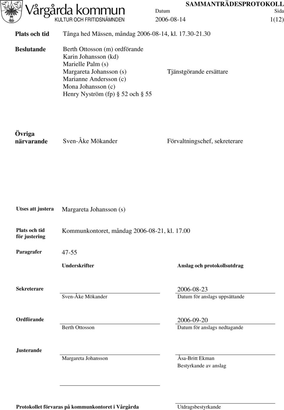 ersättare Övriga närvarande Sven-Åke Mökander Förvaltningschef, sekreterare Utses att justera Margareta Johansson (s) Plats och tid för justering Kommunkontoret, måndag 2006-08-21, kl. 17.