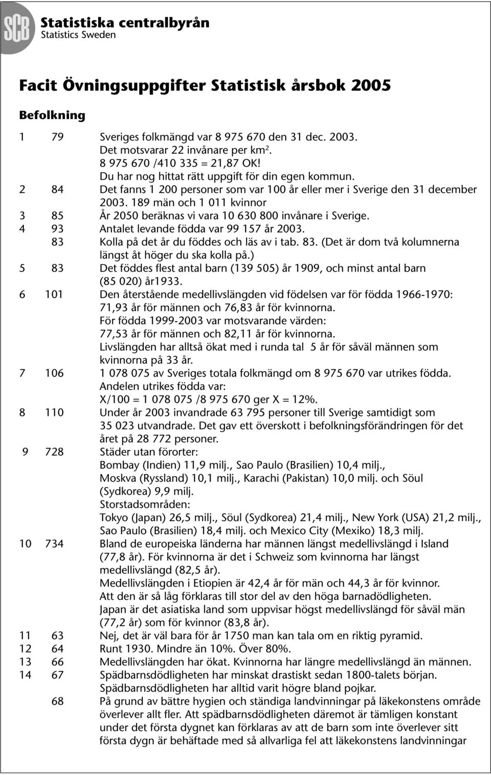 189 män och 1 011 kvinnor 3 85 År 2050 beräknas vi vara 10 630 800 invånare i Sverige. 4 93 Antalet levande födda var 99 157 år 2003. 83 Kolla på det år du föddes och läs av i tab. 83. (Det är dom två kolumnerna längst åt höger du ska kolla på.