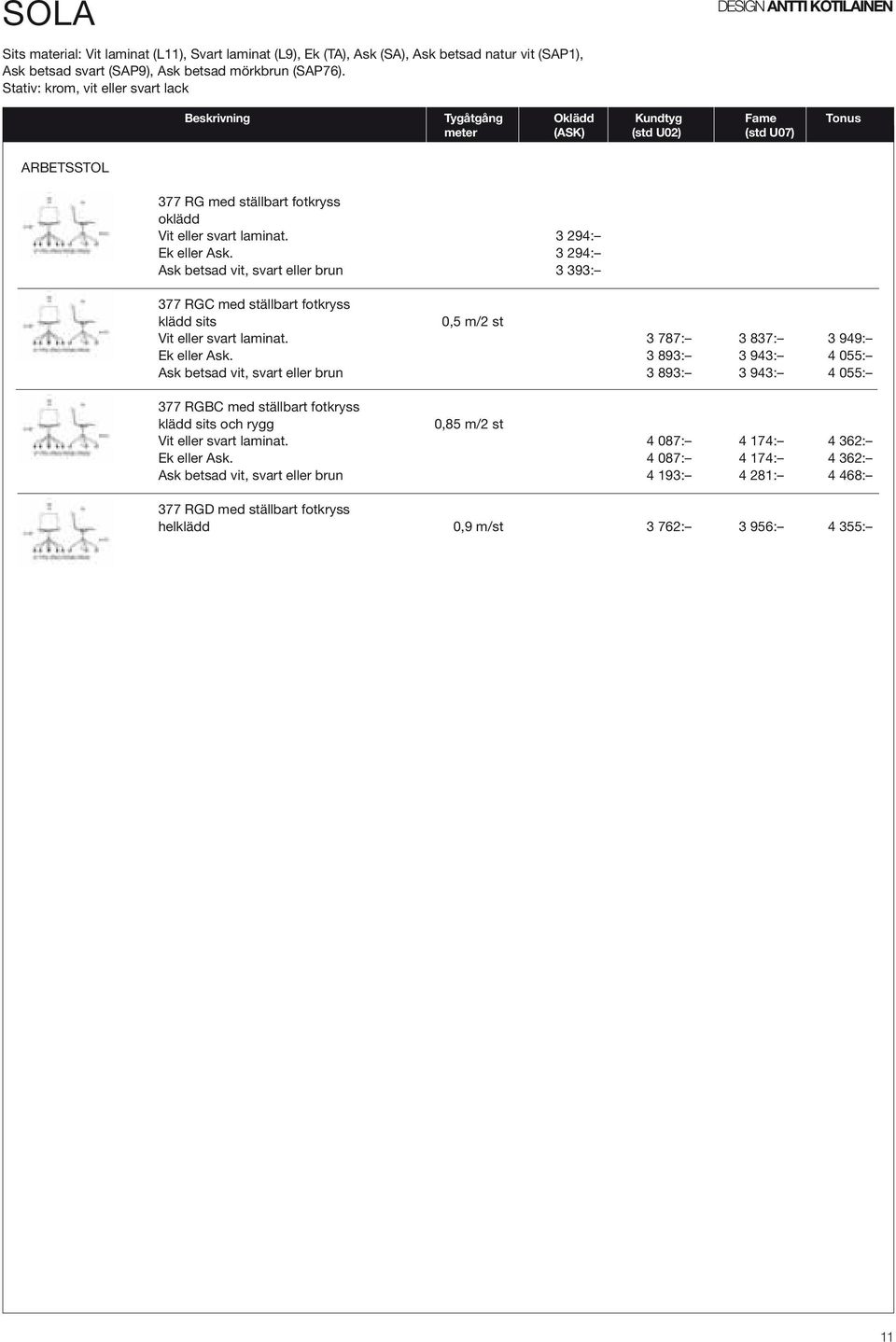 3 294: Ek eller Ask. 3 294: Ask betsad vit, svart eller brun 3 393: 377 RGC med ställbart fotkryss klädd sits 0,5 m/2 st Vit eller svart laminat. 3 787: 3 837: 3 949: Ek eller Ask.