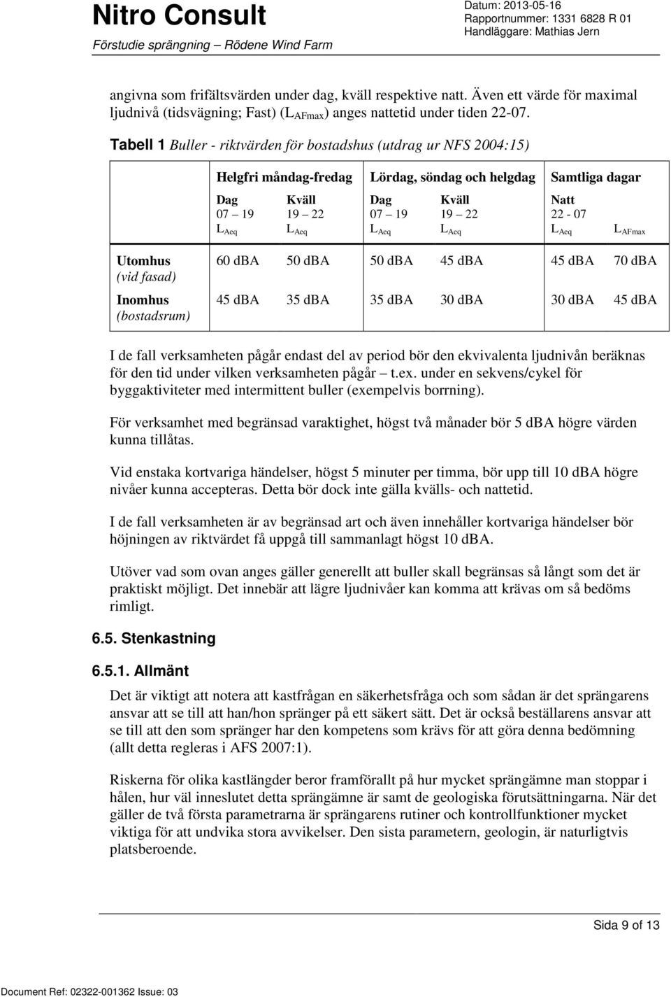 Natt 22-07 L Aeq L AFmax Utomhus (vid fasad) 60 dba 50 dba 50 dba 45 dba 45 dba 70 dba Inomhus (bostadsrum) 45 dba 35 dba 35 dba 30 dba 30 dba 45 dba I de fall verksamheten pågår endast del av period