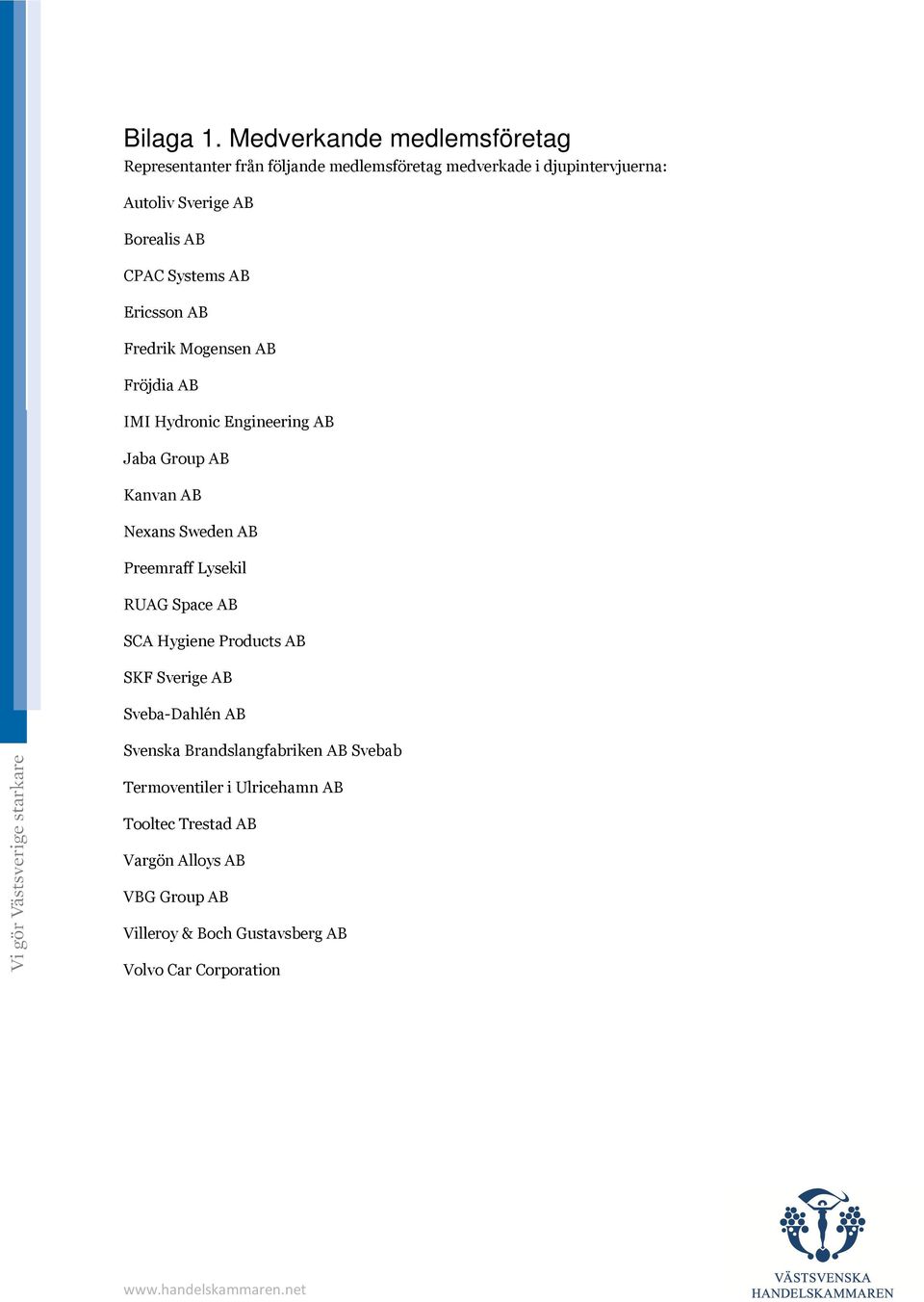 AB CPAC Systems AB Ericsson AB Fredrik Mogensen AB Fröjdia AB IMI Hydronic Engineering AB Jaba Group AB Kanvan AB Nexans Sweden AB