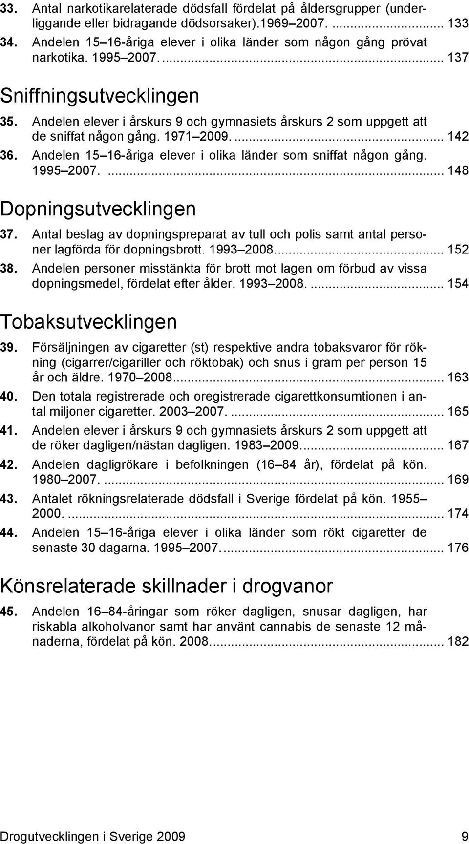 Andelen elever i årskurs 9 och gymnasiets årskurs 2 som uppgett att de sniffat någon gång. 1971 2009.... 142 36. Andelen 15 16-åriga elever i olika länder som sniffat någon gång. 1995 2007.