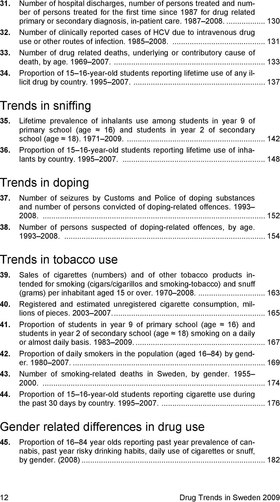 Number of drug related deaths, underlying or contributory cause of death, by age. 1969 2007.... 133 34. Proportion of 15 16-year-old students reporting lifetime use of any illicit drug by country.