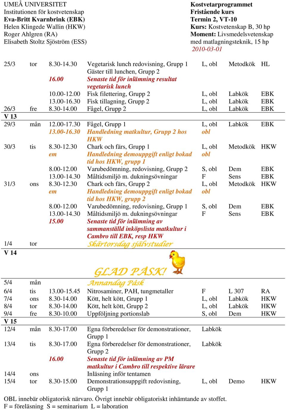 30-12.30 Chark och färs, L, obl Metodkök HKW em Handledning demouppgift enligt bokad obl tid hos HKW, grupp 1 8.00-12.00 Varubedömning, redovisning, S, obl Dem EBK 13.00-14.30 Måltidsmiljö m.