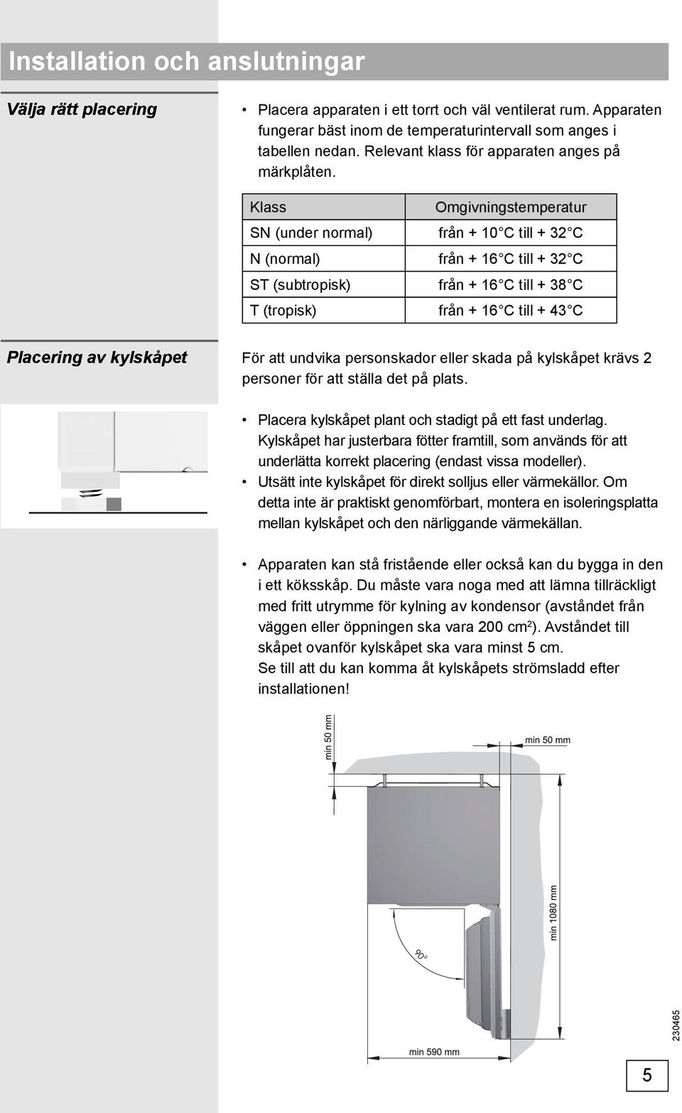 Klass Omgivningstemperatur SN (under normal) från + 10 C till + 32 C N (normal) från + 16 C till + 32 C ST (subtropisk) från + 16 C till + 38 C T (tropisk) från + 16 C till + 43 C Placering av