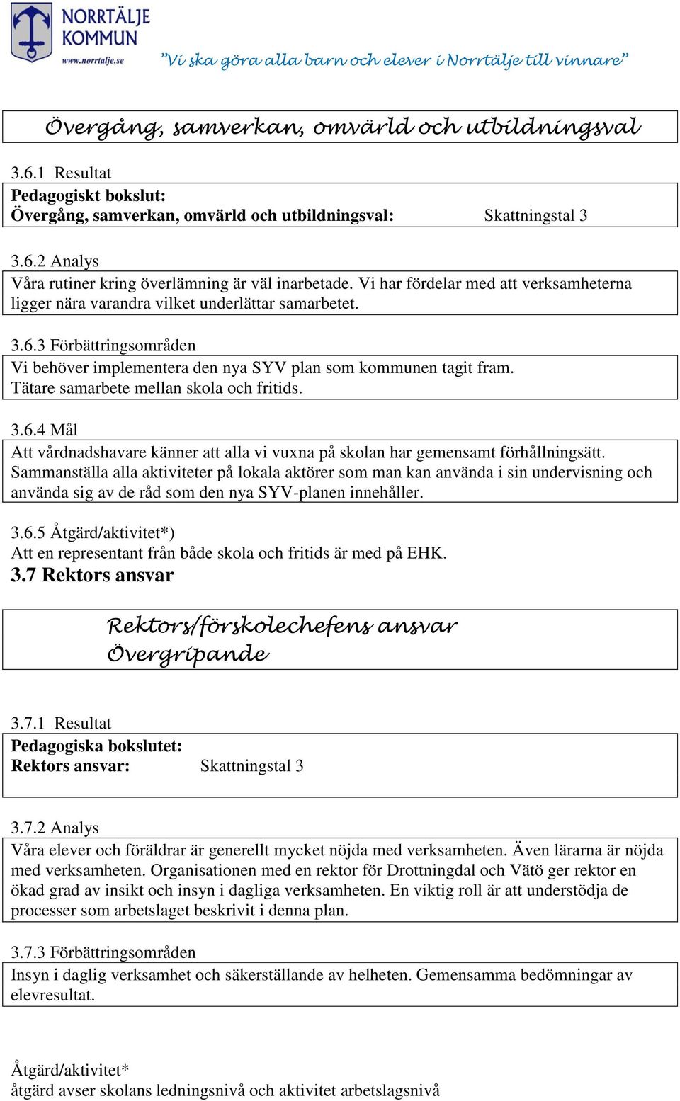 Tätare samarbete mellan skola och fritids. 3.6.4 Mål Att vårdnadshavare känner att alla vi vuxna på skolan har gemensamt förhållningsätt.