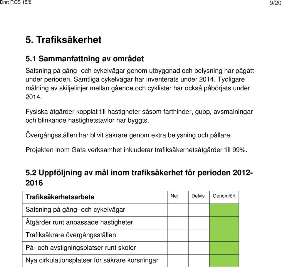 Fysiska åtgärder kopplat till hastigheter såsom farthinder, gupp, avsmalningar och blinkande hastighetstavlor har byggts. Övergångsställen har blivit säkrare genom extra belysning och pållare.