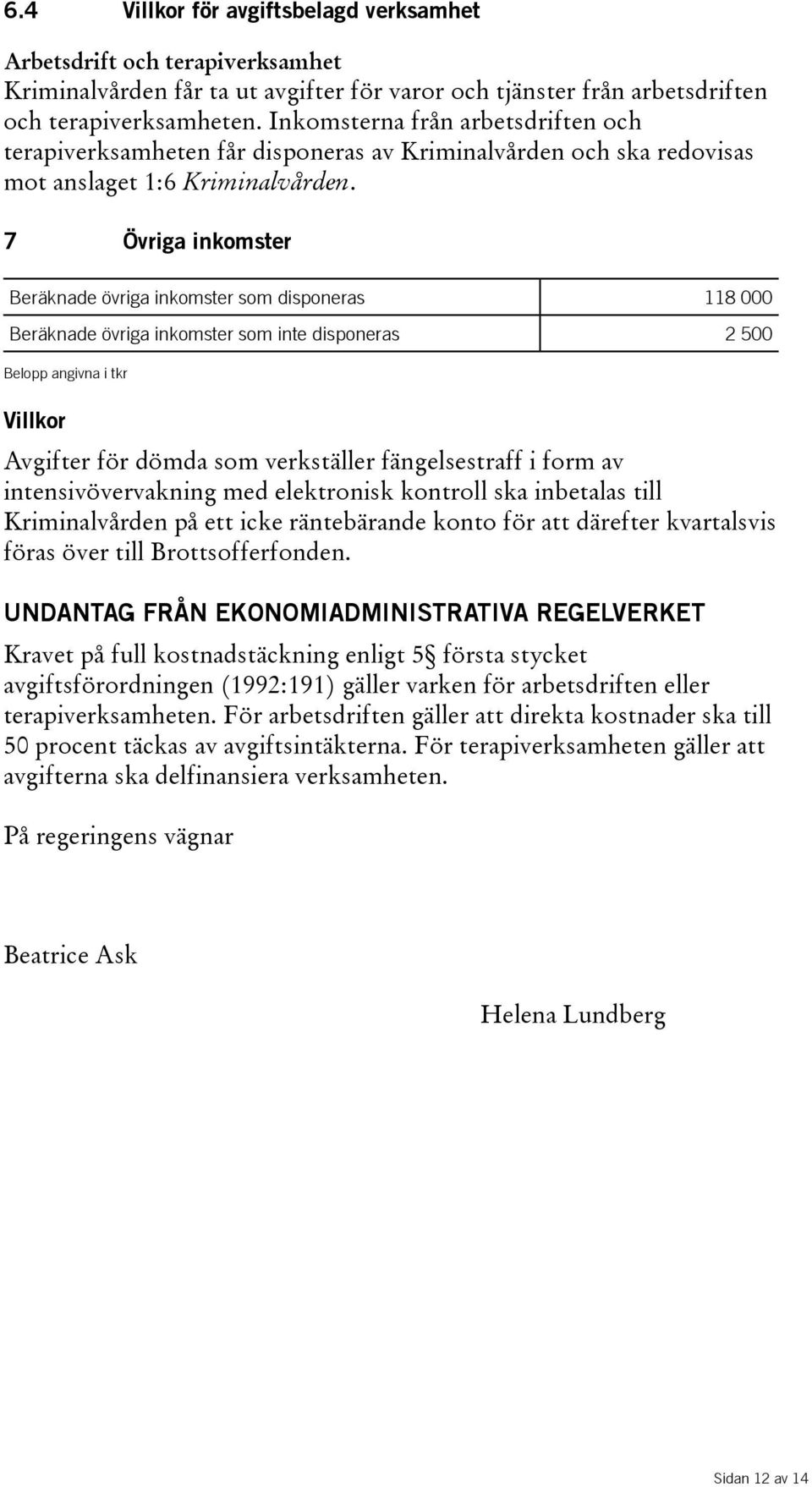 7 Övriga inkomster Beräknade övriga inkomster som disponeras 118 000 Beräknade övriga inkomster som inte disponeras 2 500 Belopp angivna i tkr Villkor Avgifter för dömda som verkställer