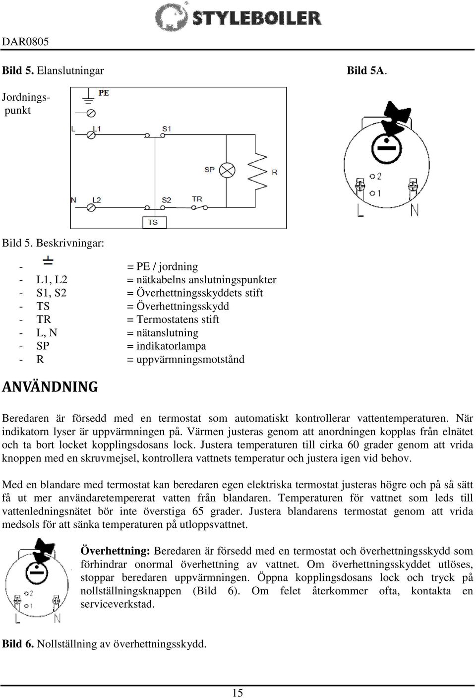 indikatorlampa - R = uppvärmningsmotstånd ANVÄNDNING Beredaren är försedd med en termostat som automatiskt kontrollerar vattentemperaturen. När indikatorn lyser är uppvärmningen på.