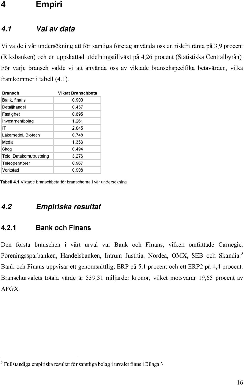 Centralbyrån). För varje bransch valde vi att använda oss av viktade branschspecifika betavärden, vilka framkommer i tabell (4.1).