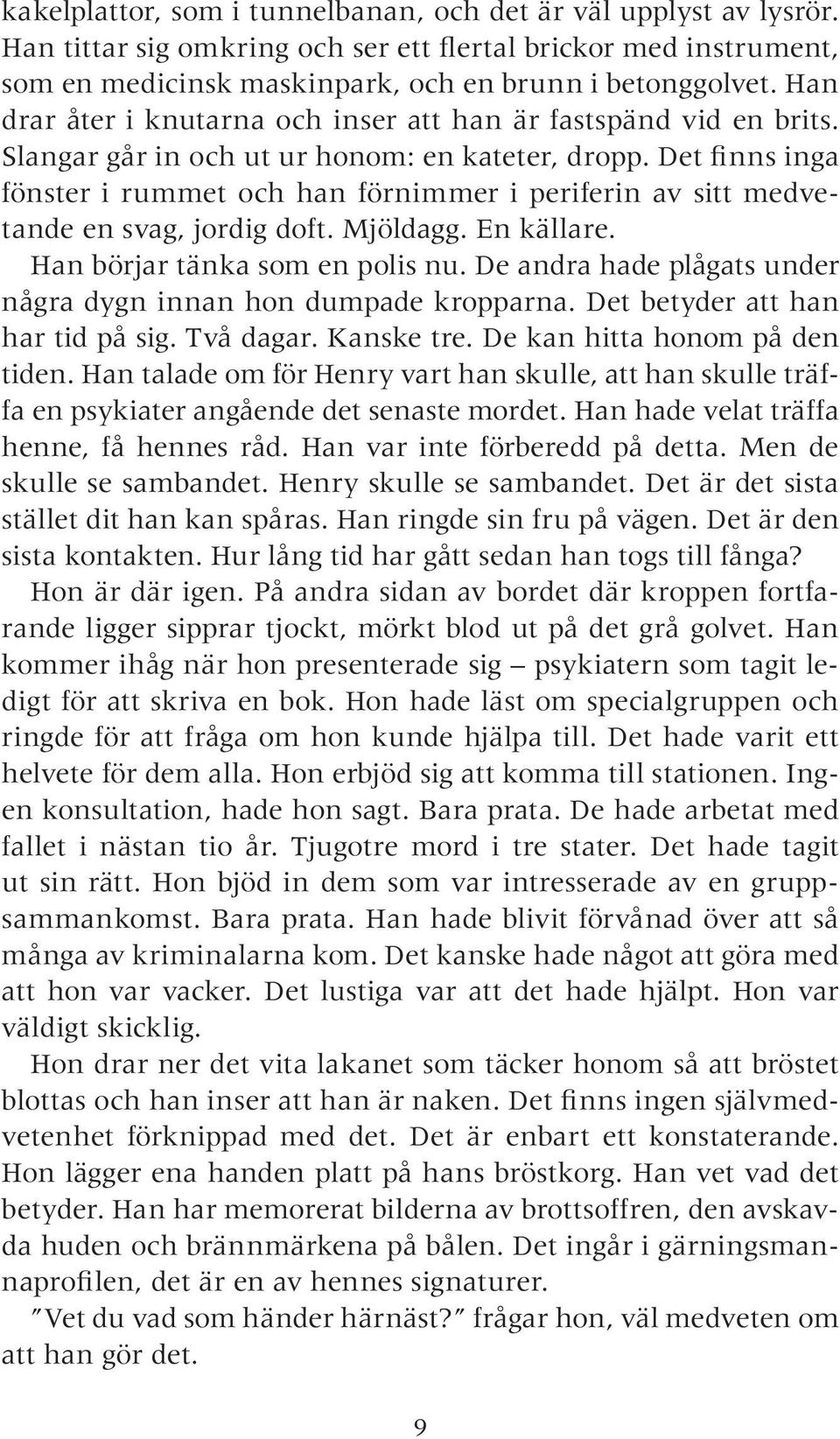 Det finns inga fönster i rummet och han förnimmer i periferin av sitt medvetande en svag, jordig doft. Mjöldagg. En källare. Han börjar tänka som en polis nu.