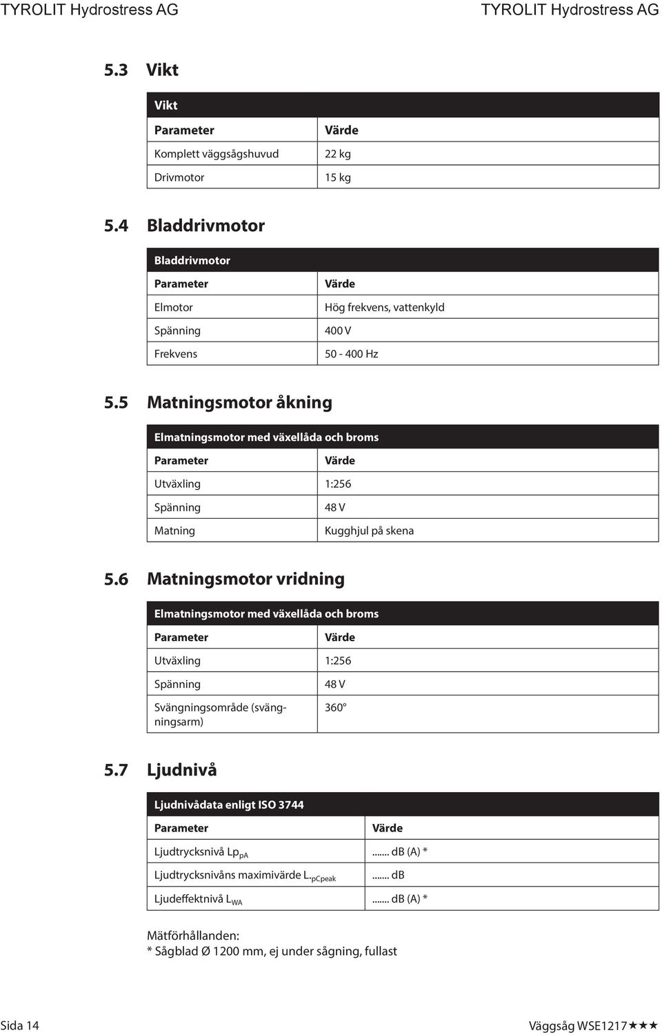 6 Matningsmotor vridning Elmatningsmotor med växellåda och broms Utväxling 1:256 Spänning Svängningsområde (svängningsarm) 48 V 360 5.