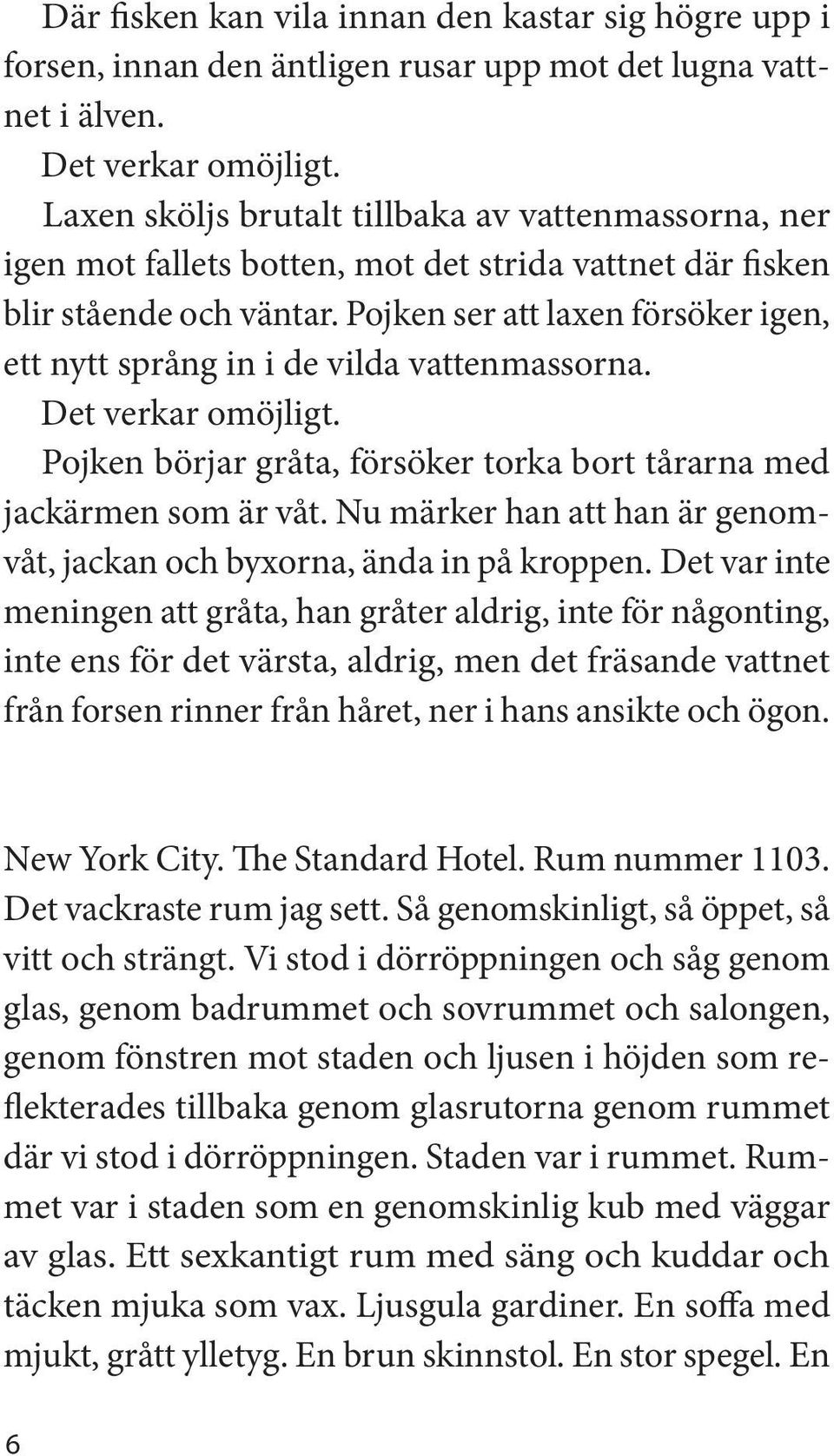 Pojken ser att laxen försöker igen, ett nytt språng in i de vilda vattenmassorna. Det verkar omöjligt. Pojken börjar gråta, försöker torka bort tårarna med jackärmen som är våt.