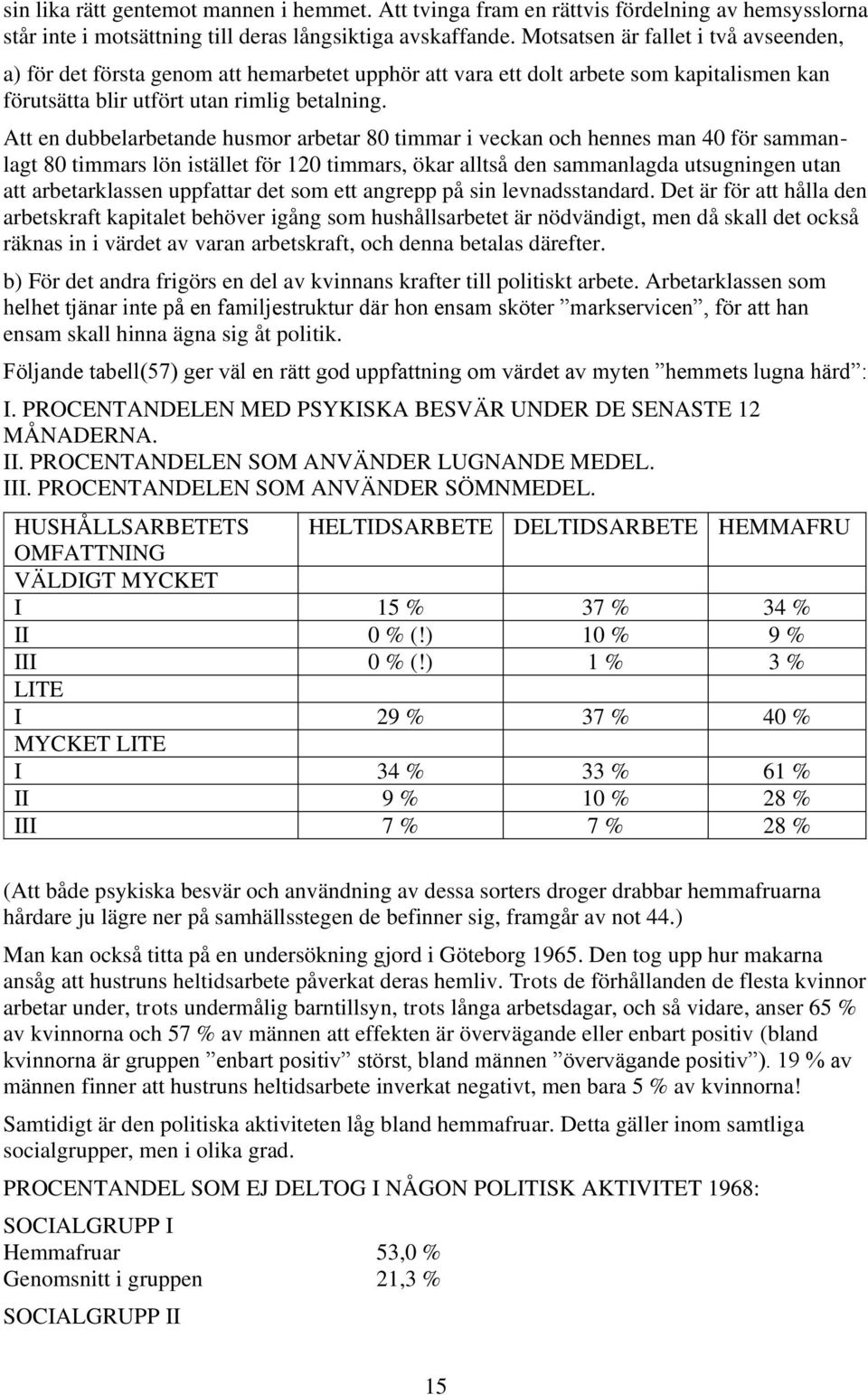 Att en dubbelarbetande husmor arbetar 80 timmar i veckan och hennes man 40 för sammanlagt 80 timmars lön istället för 120 timmars, ökar alltså den sammanlagda utsugningen utan att arbetarklassen