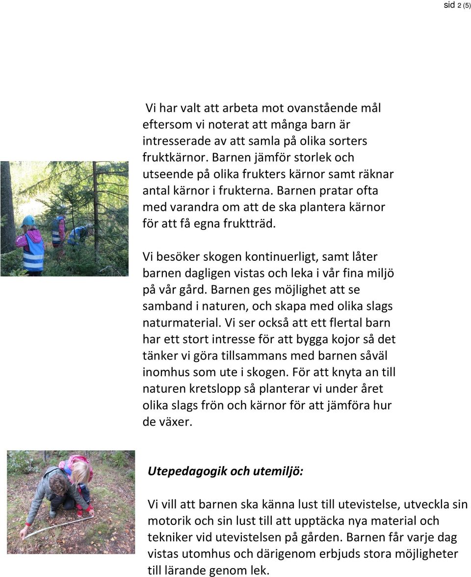 Vi besöker skogen kontinuerligt, samt låter barnen dagligen vistas och leka i vår fina miljö på vår gård. Barnen ges möjlighet att se samband i naturen, och skapa med olika slags naturmaterial.