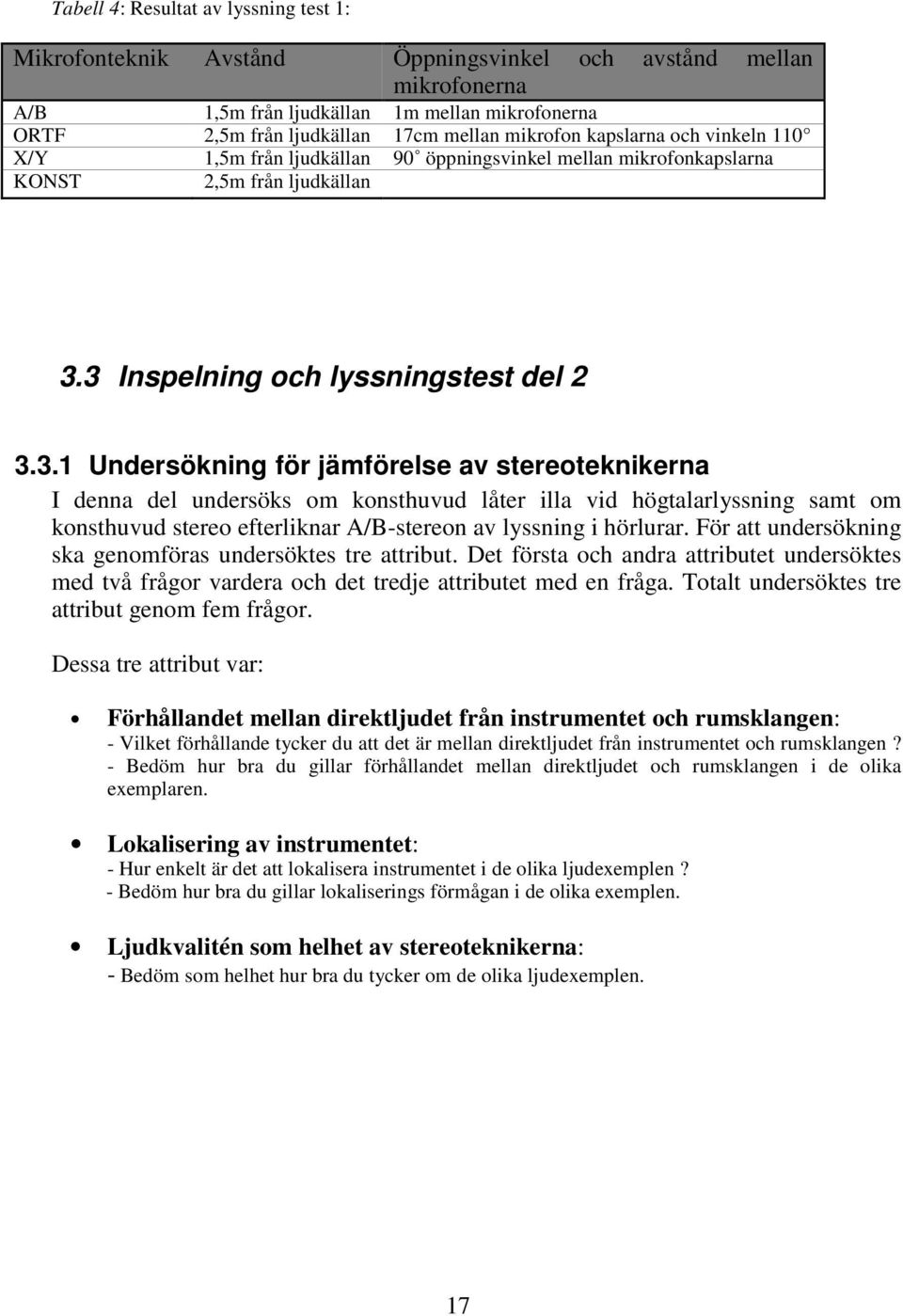 3 Inspelning och lyssningstest del 2 3.3.1 Undersökning för jämförelse av stereoteknikerna I denna del undersöks om konsthuvud låter illa vid högtalarlyssning samt om konsthuvud stereo efterliknar A/B-stereon av lyssning i hörlurar.