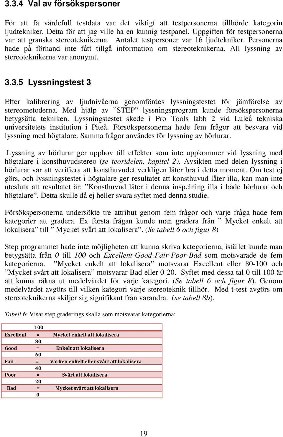 All lyssning av stereoteknikerna var anonymt. 3.3.5 Lyssningstest 3 Efter kalibrering av ljudnivåerna genomfördes lyssningstestet för jämförelse av stereometoderna.