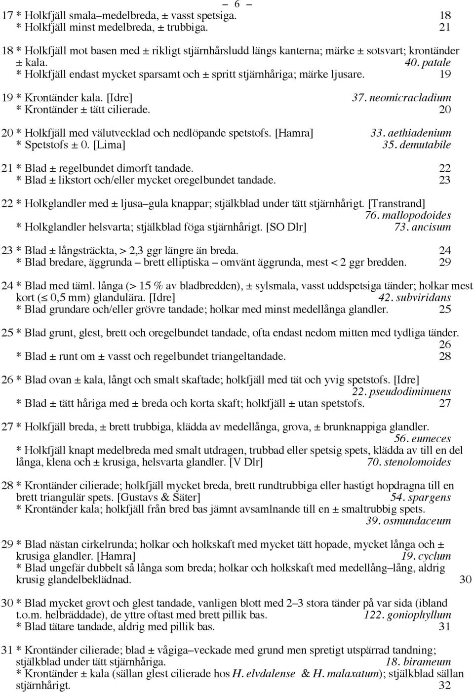 19 19 * Krontänder kala. [Idre] 37. neomicracladium * Krontänder ± tätt cilierade. 20 20 * Holkfjäll med välutvecklad och nedlöpande spetstofs. [Hamra] 33. aethiadenium * Spetstofs ± 0. [Lima] 35.