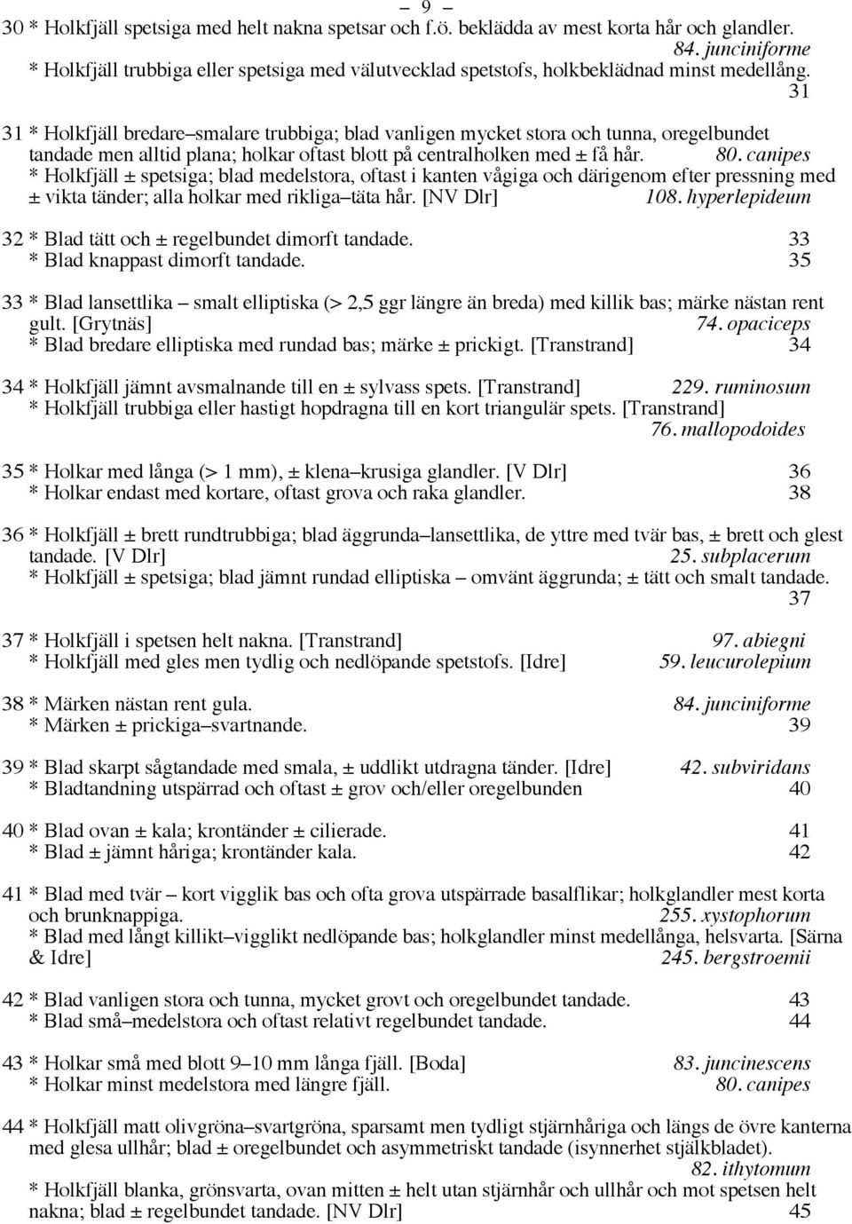 31 31 * Holkfjäll bredare smalare trubbiga; blad vanligen mycket stora och tunna, oregelbundet tandade men alltid plana; holkar oftast blott på centralholken med ± få hår. 80.