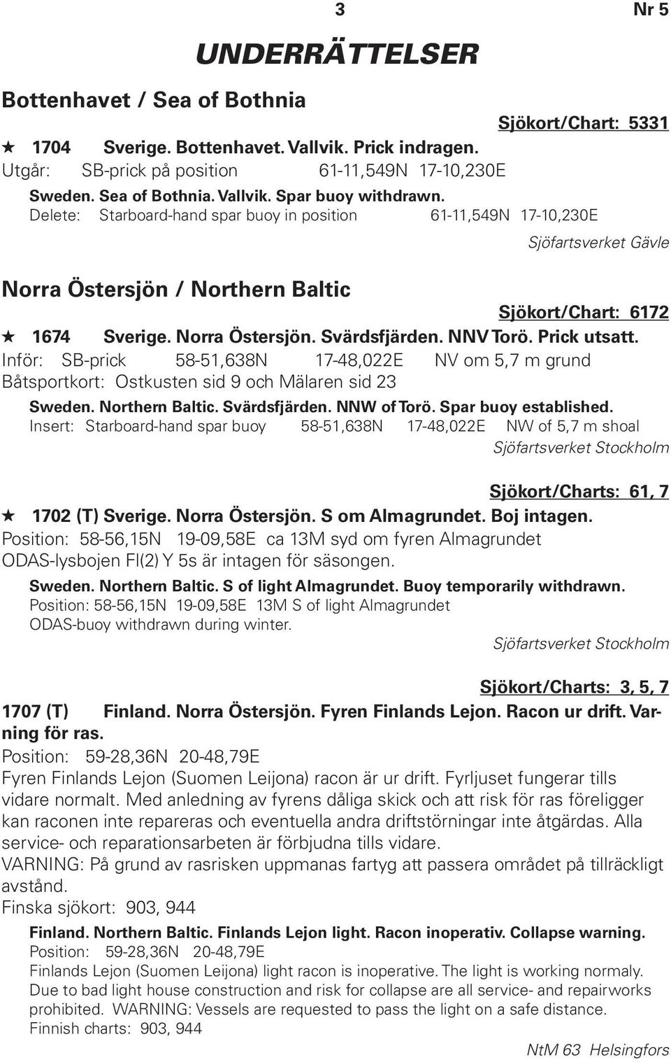 Prick utsatt. Inför: SB-prick 58-51,638N 17-48,022E NV om 5,7 m grund Båtsportkort: Ostkusten sid 9 och Mälaren sid 23 Sweden. Northern Baltic. Svärdsfjärden. NNW of Torö. Spar buoy established.