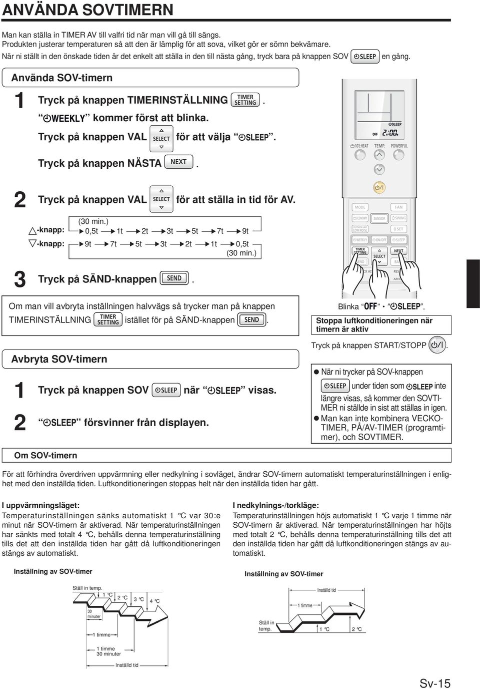 Tryck på knappen VAL för att välja. Tryck på knappen NÄSTA 3 Tryck på knappen VAL för att ställa in tid för AV. -knapp: -knapp: (30 min.) 0,5t t t 3t 5t 7t 9t 9t 7t 5t 3t t t Tryck på SÄND-knappen.