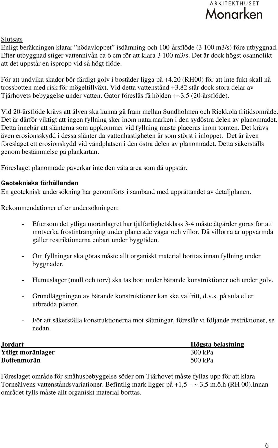 20 (RH00) för att inte fukt skall nå trossbotten med risk för mögeltillväxt. Vid detta vattenstånd +3.82 står dock stora delar av Tjärhovets bebyggelse under vatten. Gator föreslås få höjden +~3.