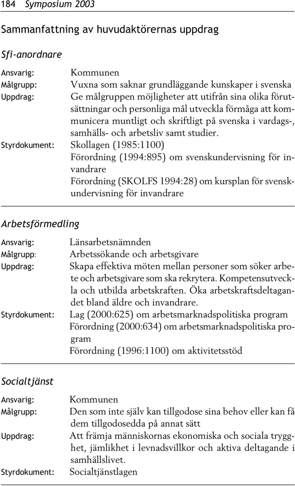 Styrdokument: Skollagen (1985:1100) Förordning (1994:895) om svenskundervisning för invandrare Förordning (SKOLFS 1994:28) om kursplan för svenskundervisning för invandrare Arbetsförmedling Ansvarig: