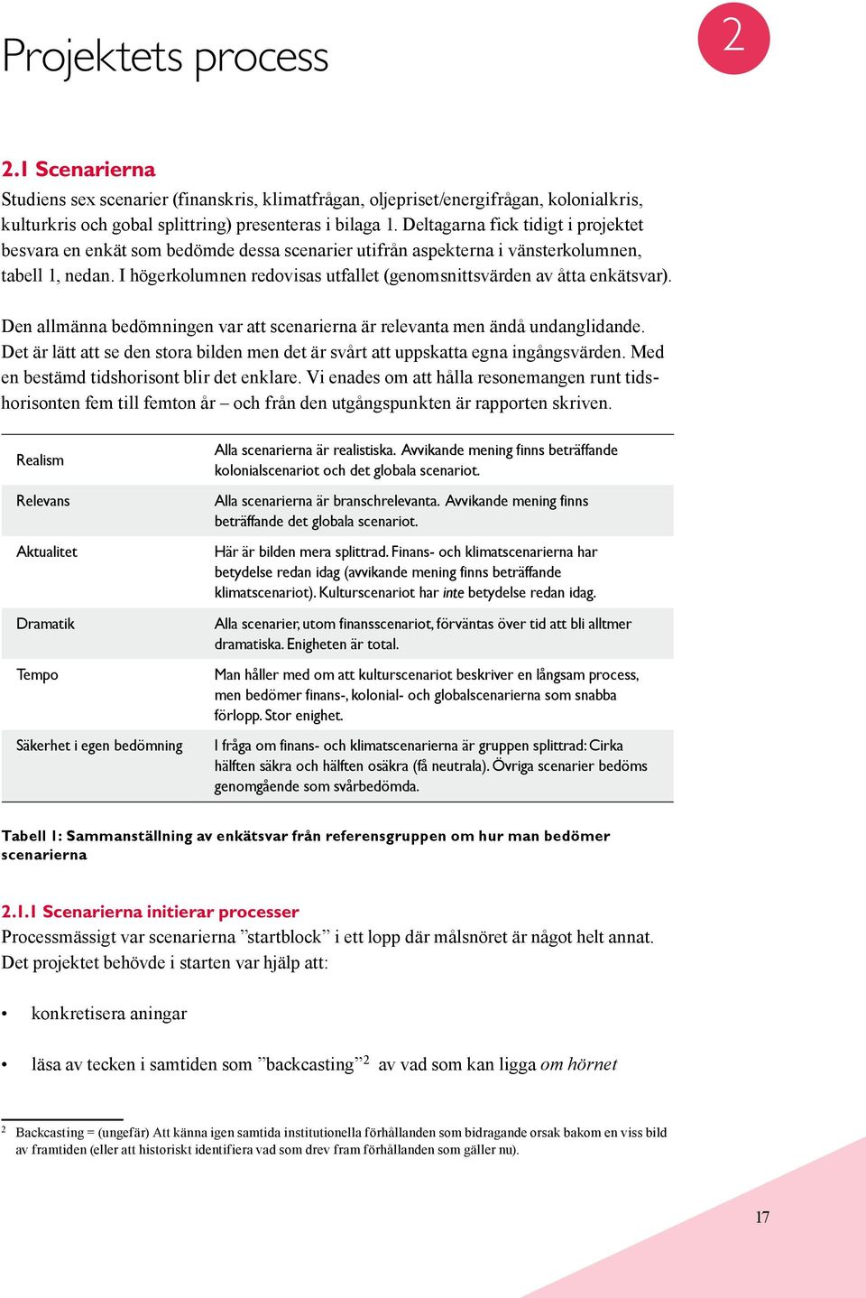 I högerkolumnen redovisas utfallet (genomsnittsvärden av åtta enkätsvar). Den allmänna bedömningen var att scenarierna är relevanta men ändå undanglidande.