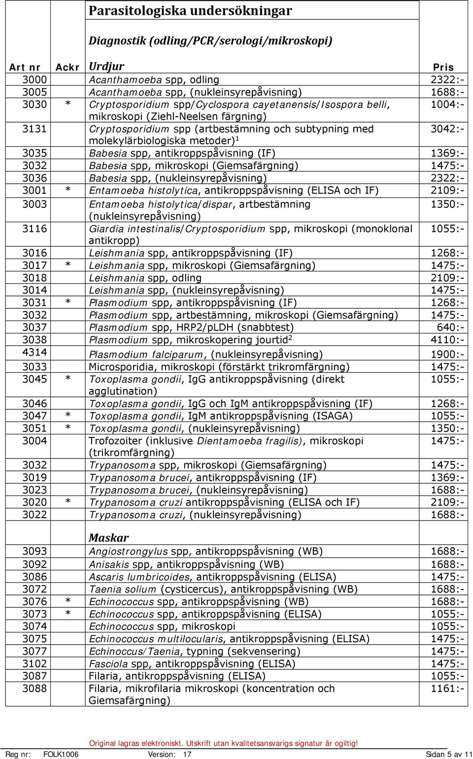 3035 Babesia spp, antikroppspåvisning (IF) 1369:- 3032 Babesia spp, mikroskopi (Giemsafärgning) 1475:- 3036 Babesia spp, (nukleinsyrepåvisning) 2322:- 3001 * Entamoeba histolytica,