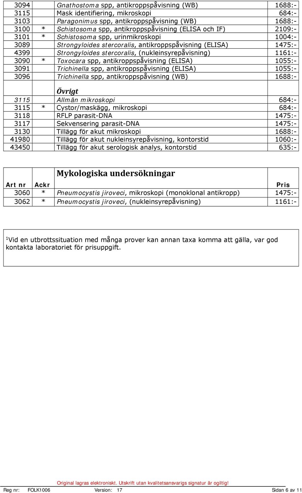 3090 * Toxocara spp, antikroppspåvisning (ELISA) 1055:- 3091 Trichinella spp, antikroppspåvisning (ELISA) 1055:- 3096 Trichinella spp, antikroppspåvisning (WB) 1688:- Övrigt 3115 Allmän mikroskopi