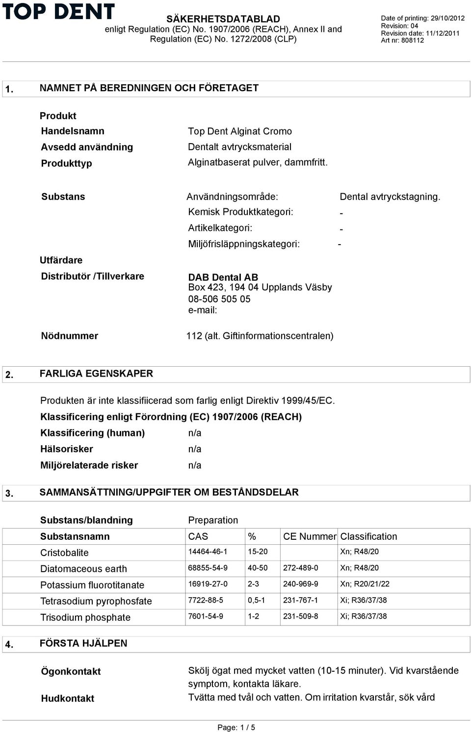 Utfärdare Distributör /Tillverkare Kemisk Produktkategori: Artikelkategori: Miljöfrisläppningskategori: DAB Dental AB Box 423, 194 04 Upplands Väsby 08506 505 05 email: Nödnummer 112 (alt.