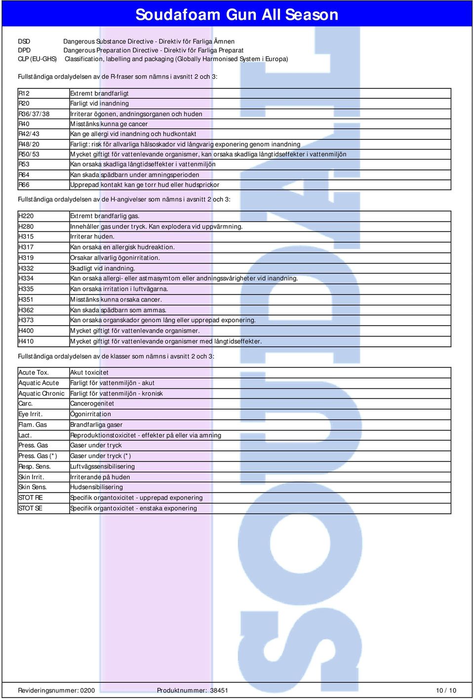 huden R40 Misstänks kunna ge cancer R42/43 Kan ge allergi vid inandning och hudkontakt R48/20 Farligt: risk för allvarliga hälsoskador vid långvarig exponering genom inandning R50/53 Mycket giftigt