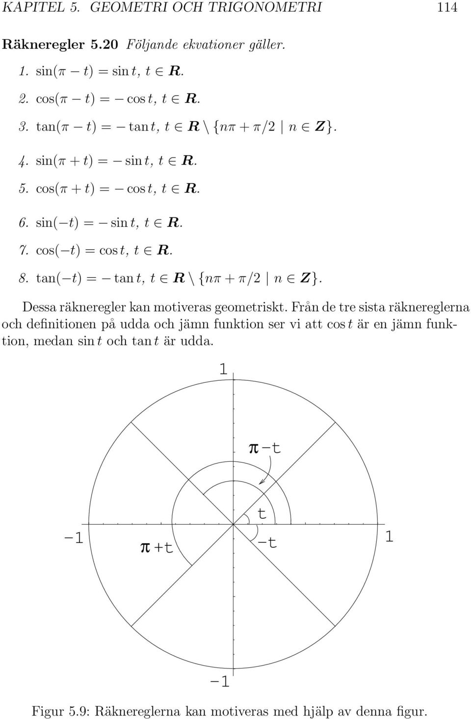 tan( t) = tan t, t R \{nπ + π/ n Z}. Dessa räkneregler kan motiveras geometriskt.