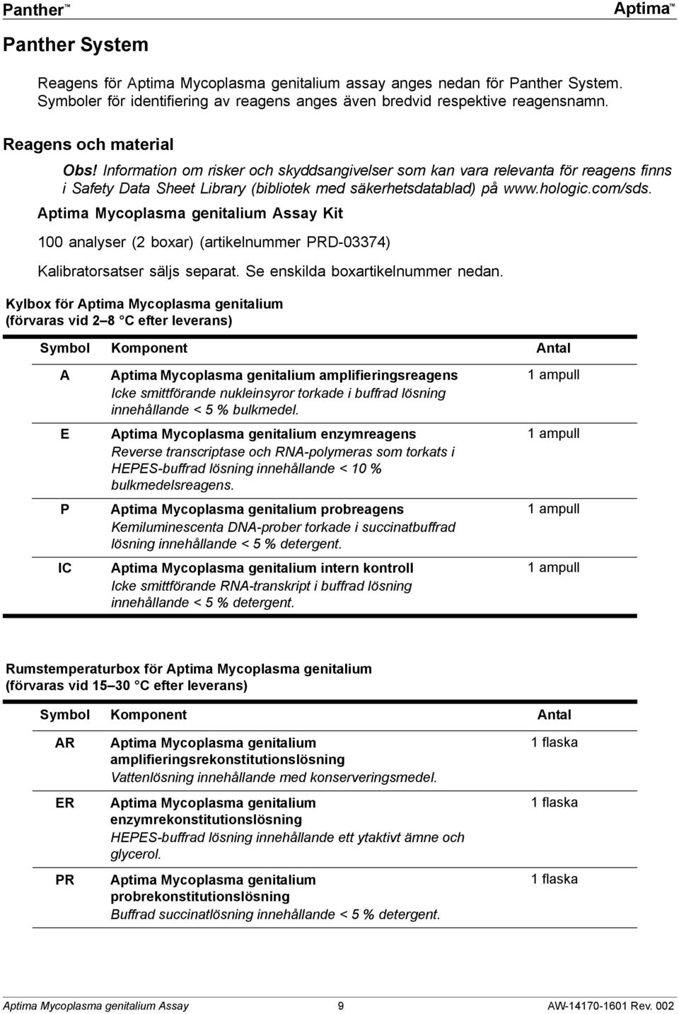 Aptima Mycoplasma genitalium Assay Kit 100 analyser (2 boxar) (artikelnummer PRD-03374) Kalibratorsatser säljs separat. Se enskilda boxartikelnummer nedan.