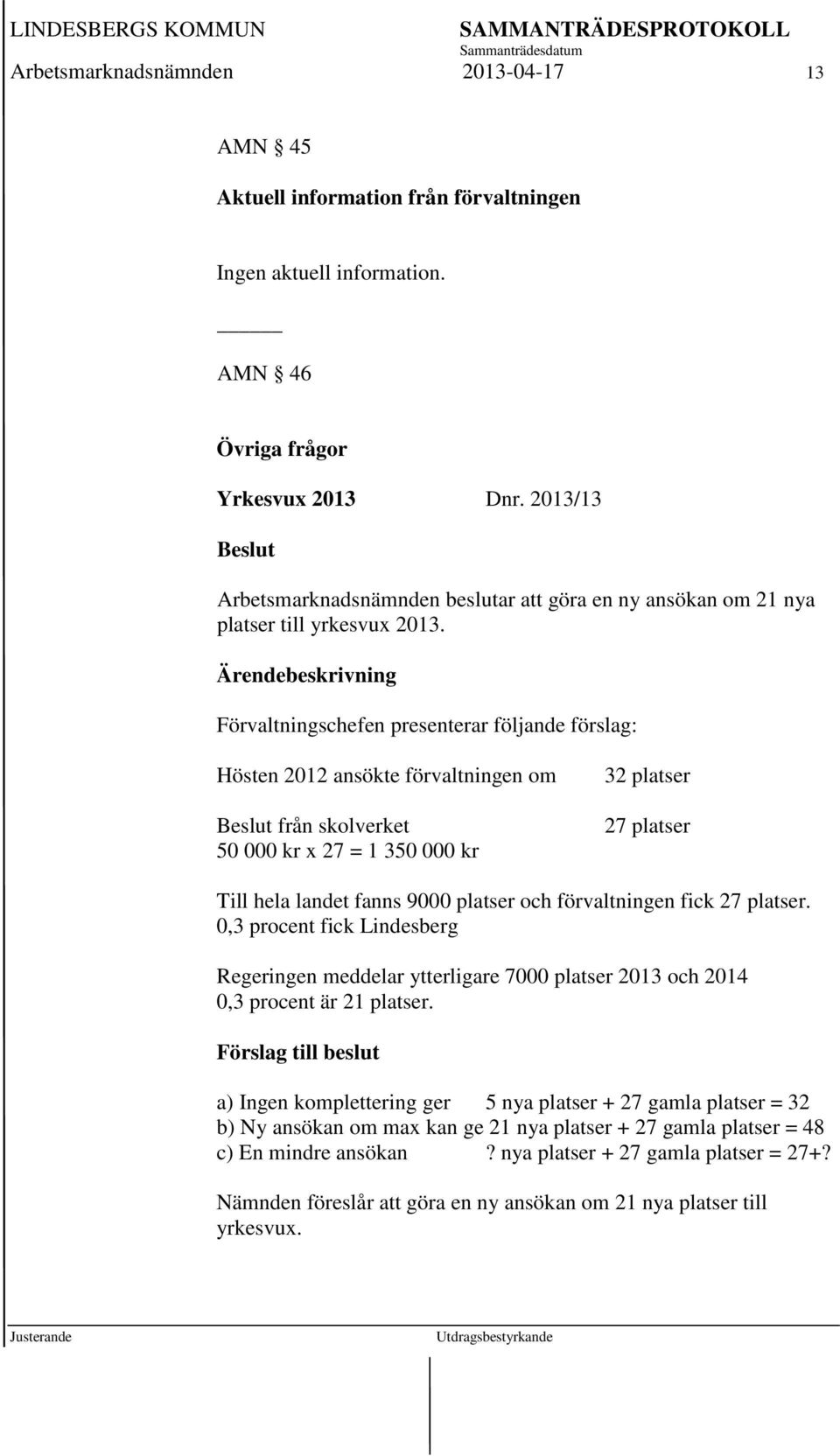 Förvaltningschefen presenterar följande förslag: Hösten 2012 ansökte förvaltningen om från skolverket 50 000 kr x 27 = 1 350 000 kr 32 platser 27 platser Till hela landet fanns 9000 platser och