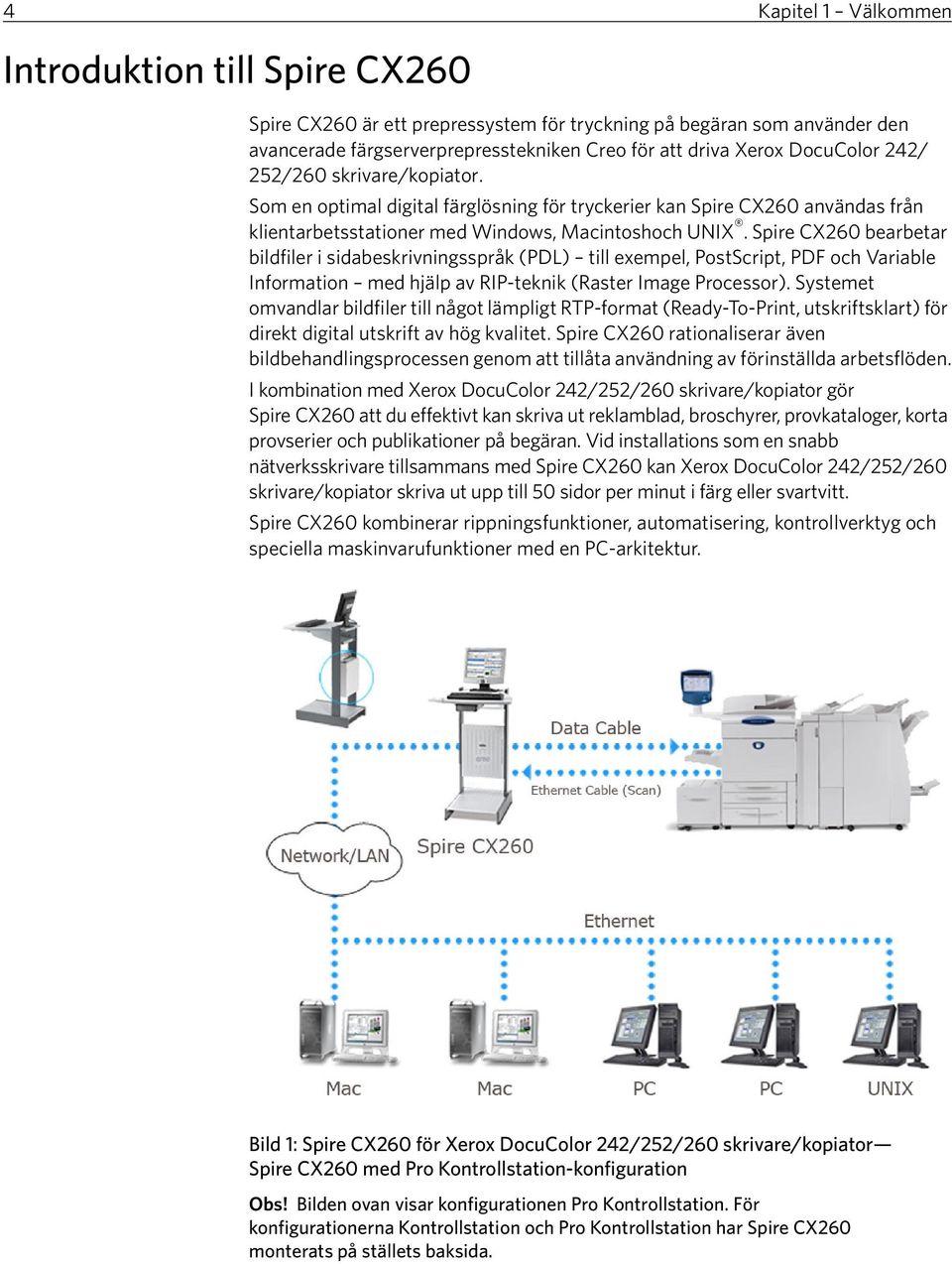 Spire CX260 bearbetar bildfiler i sidabeskrivningsspråk (PDL) till exempel, PostScript, PDF och Variable Information med hjälp av RIP-teknik (Raster Image Processor).