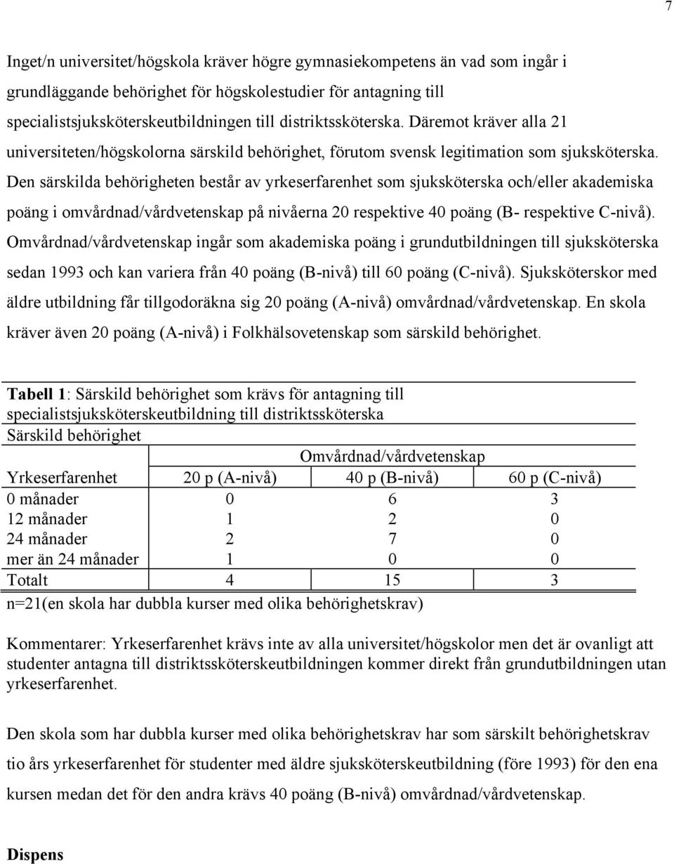 Den särskilda behörigheten består av yrkeserfarenhet som sjuksköterska och/eller akademiska poäng i omvårdnad/vårdvetenskap på nivåerna 20 respektive 40 poäng (B- respektive C-nivå).