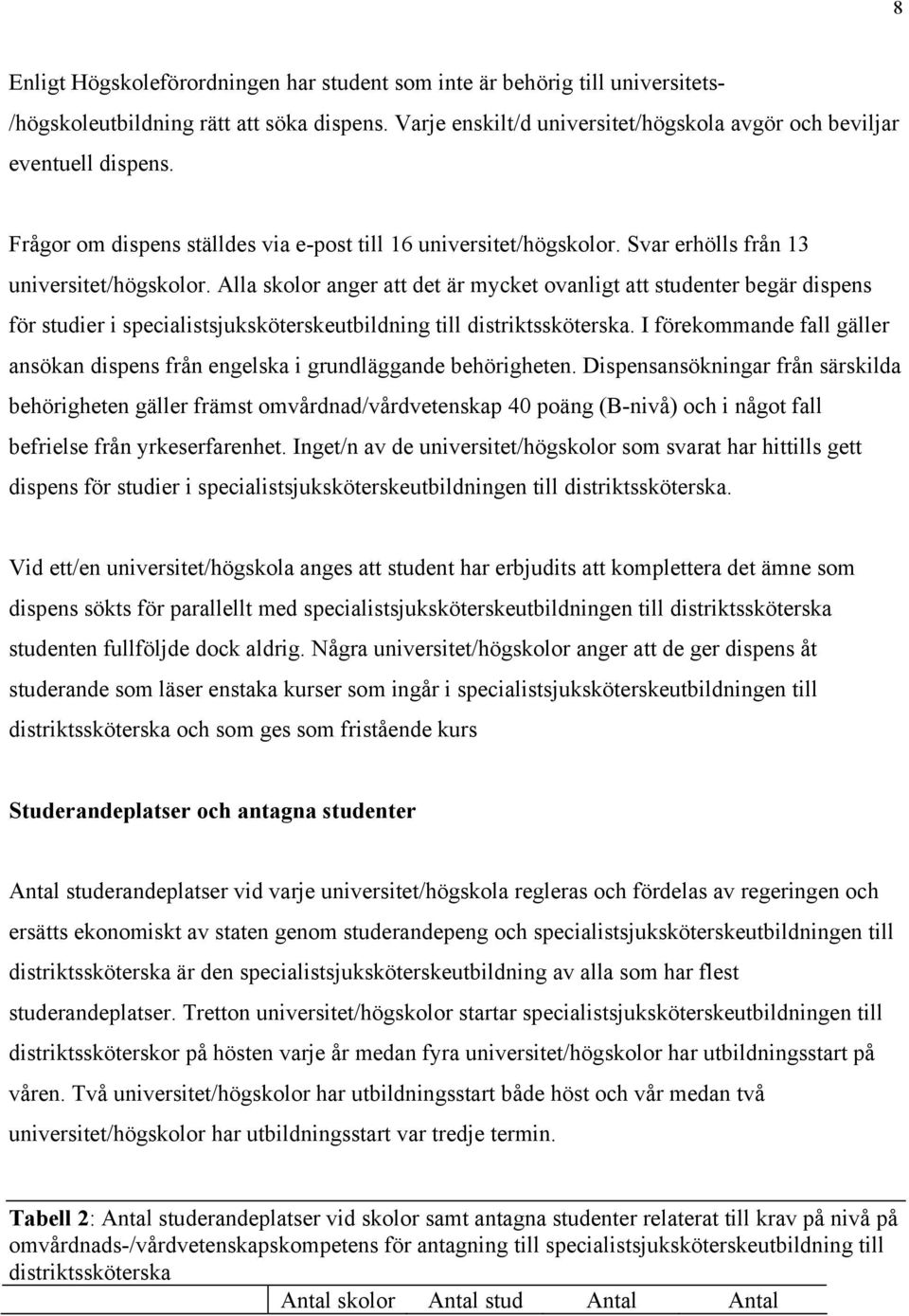 Alla skolor anger att det är mycket ovanligt att studenter begär dispens för studier i specialistsjuksköterskeutbildning till distriktssköterska.