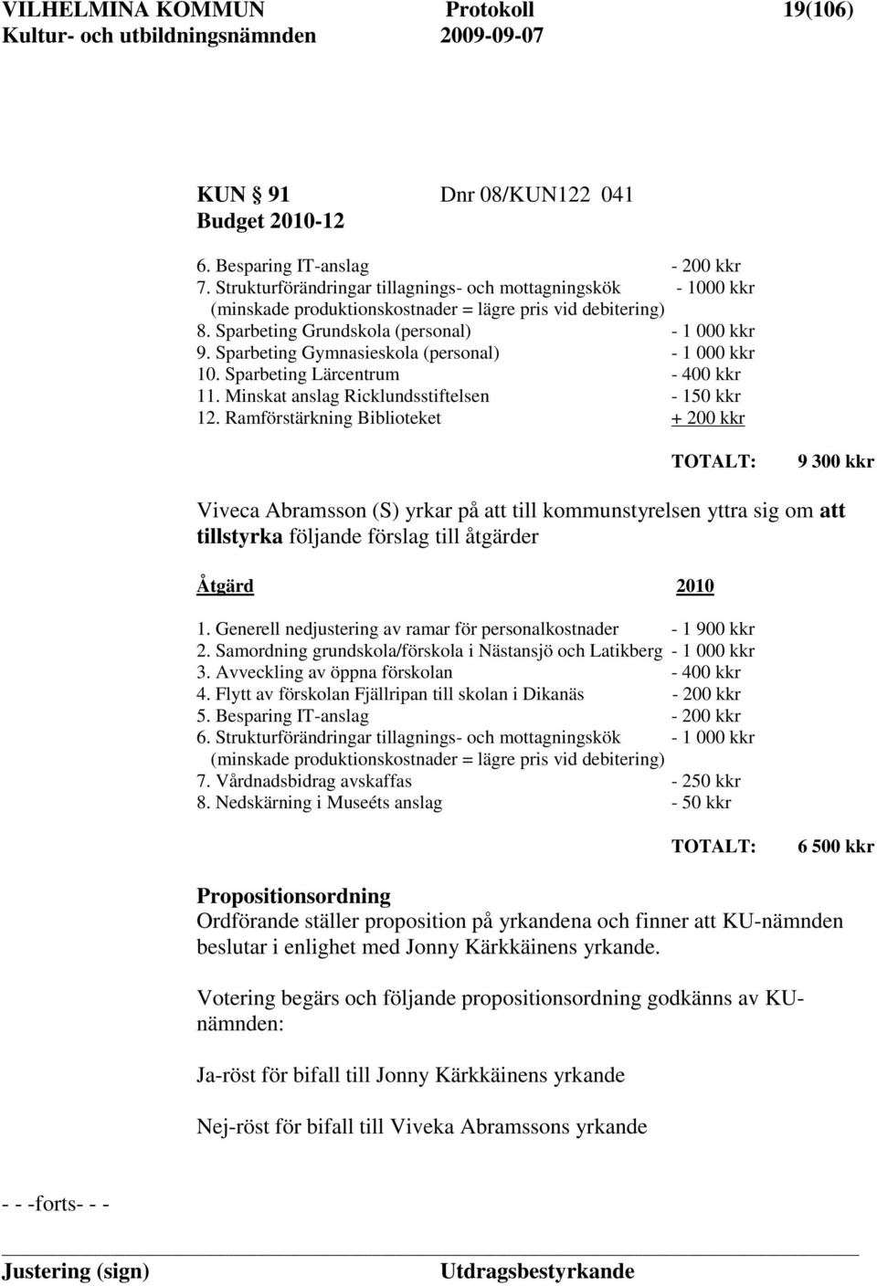 Sparbeting Gymnasieskola (personal) - 1 000 kkr 10. Sparbeting Lärcentrum - 400 kkr 11. Minskat anslag Ricklundsstiftelsen - 150 kkr 12.