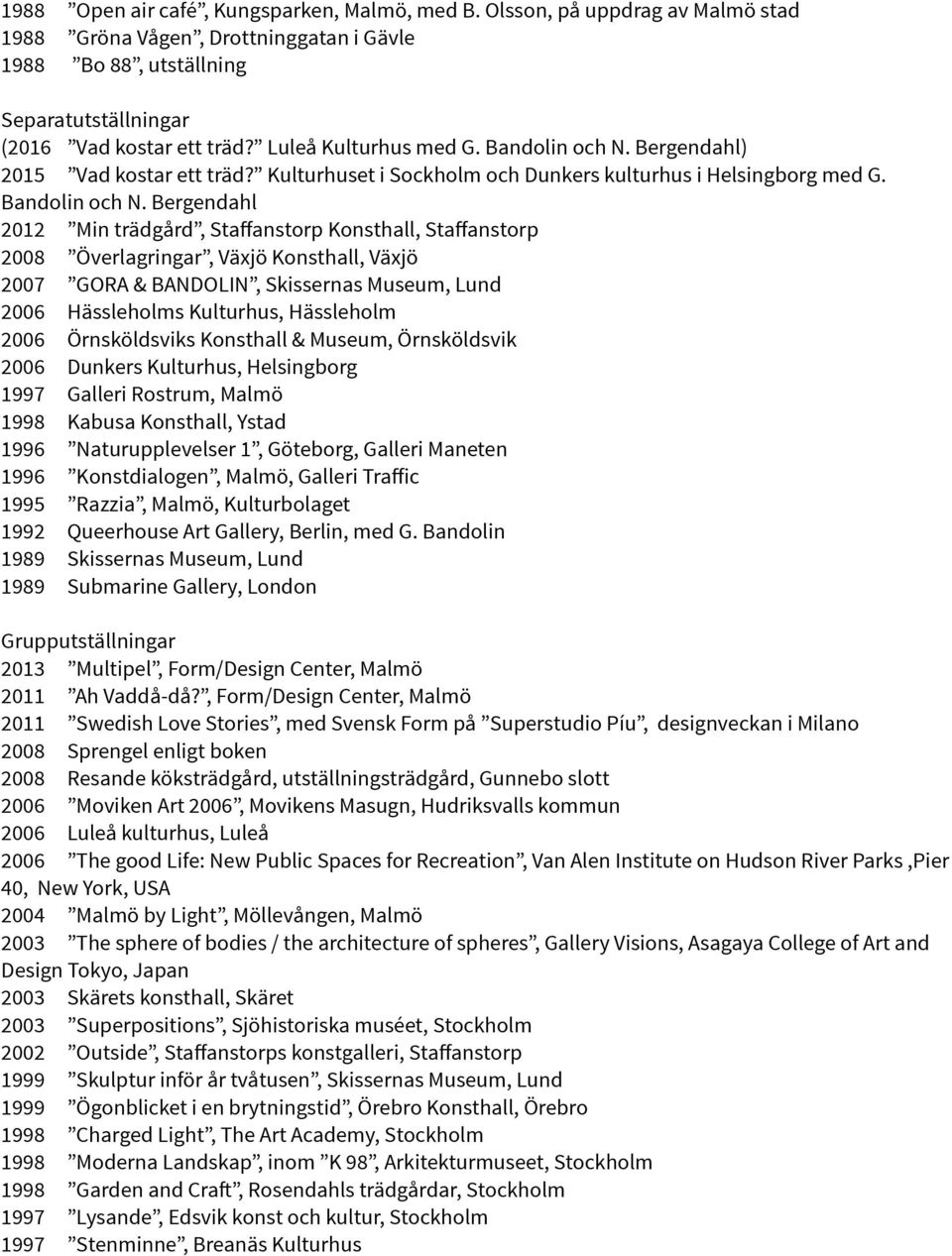 Bergendahl) 2015 Vad kostar ett träd? Kulturhuset i Sockholm och Dunkers kulturhus i Helsingborg med G. Bandolin och N.