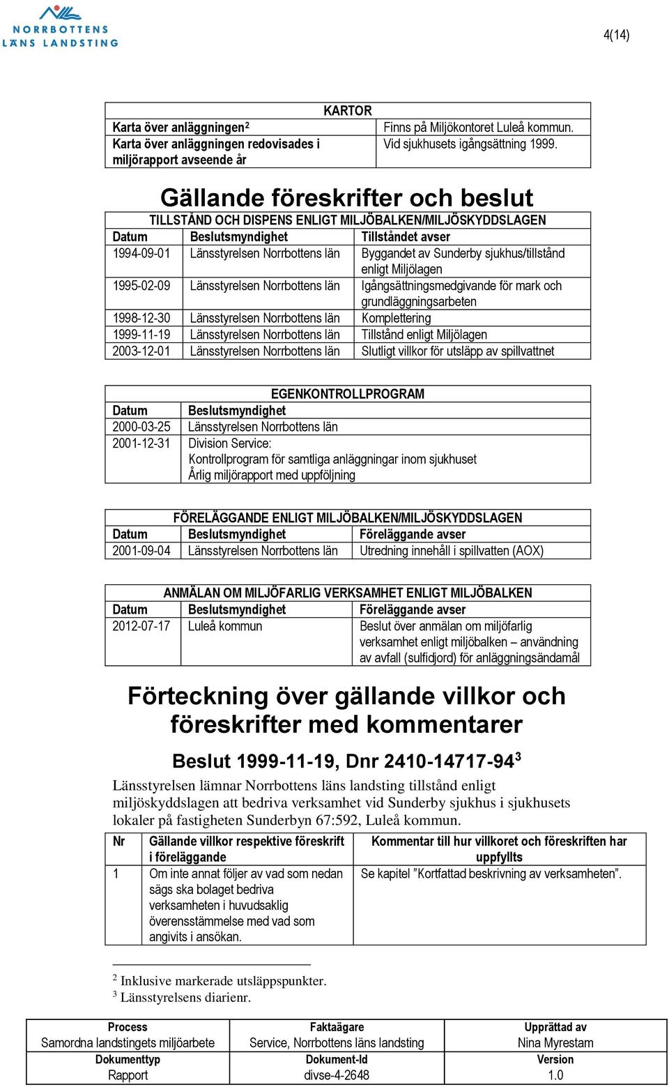 sjukhus/tillstånd enligt Miljölagen 1995-02-09 Länsstyrelsen Norrbottens län Igångsättningsmedgivande för mark och grundläggningsarbeten 1998-12-30 Länsstyrelsen Norrbottens län Komplettering