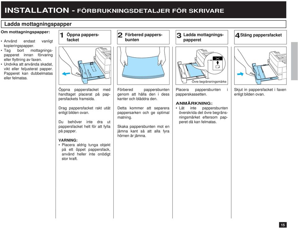 Öppna pappersfackebunten Förbered pappers- Ladda mottagningspapperet Stäng pappersfacket Övre begränsningsmärke Öppna pappersfacket med handtaget placerat på pappersfackets framsida.