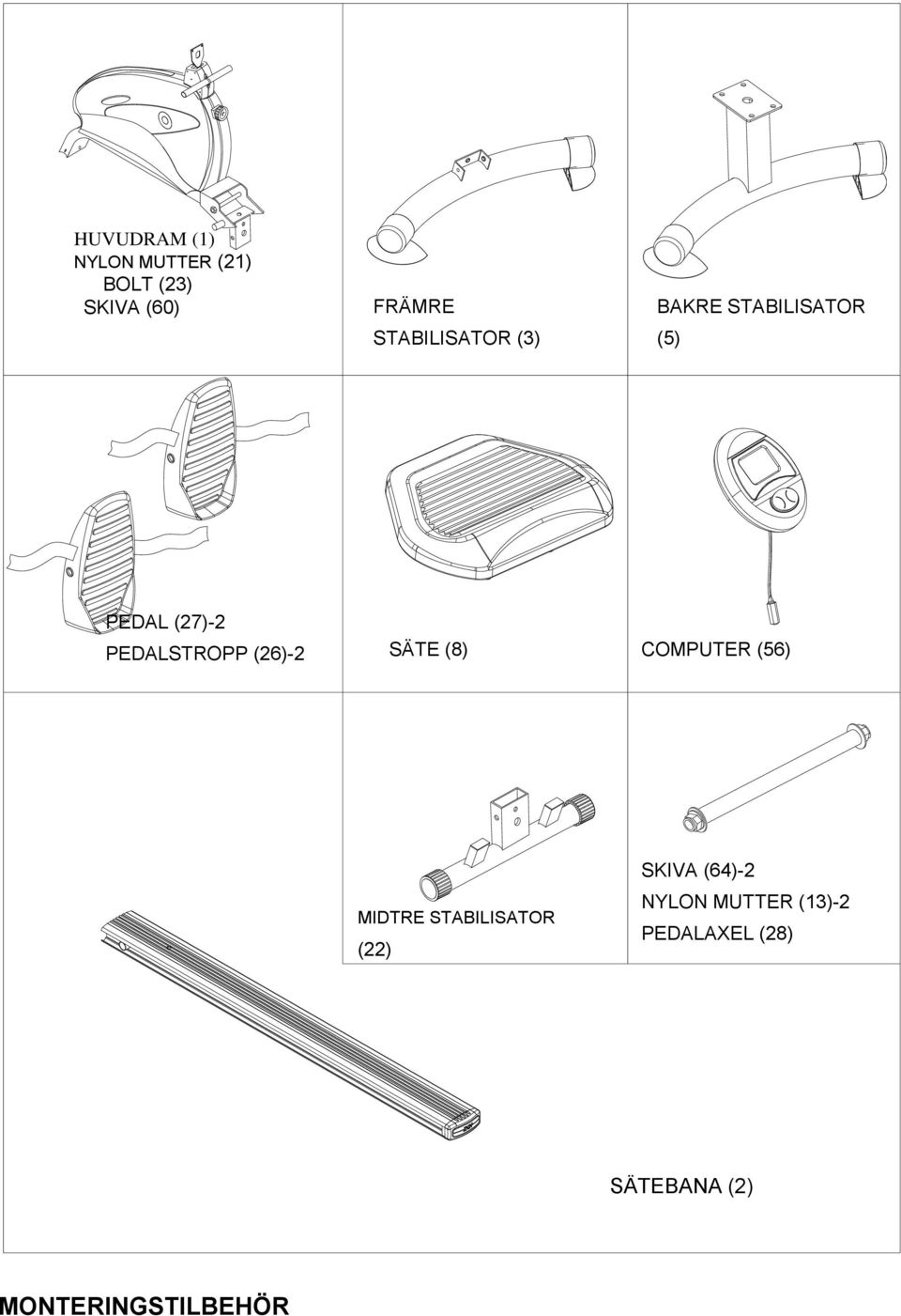 (26)-2 SÄTE (8) COMPUTER (56) SKIVA (64)-2 MIDTRE STABILISATOR (22)