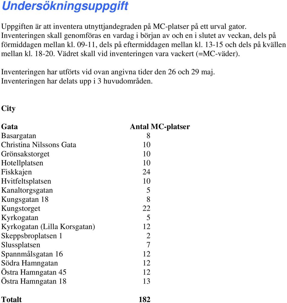 Vädret skall vid inventeringen vara vackert (=MC-väder). Inventeringen har utförts vid ovan angivna tider den 26 och 29 maj. Inventeringen har delats upp i 3 huvudområden.